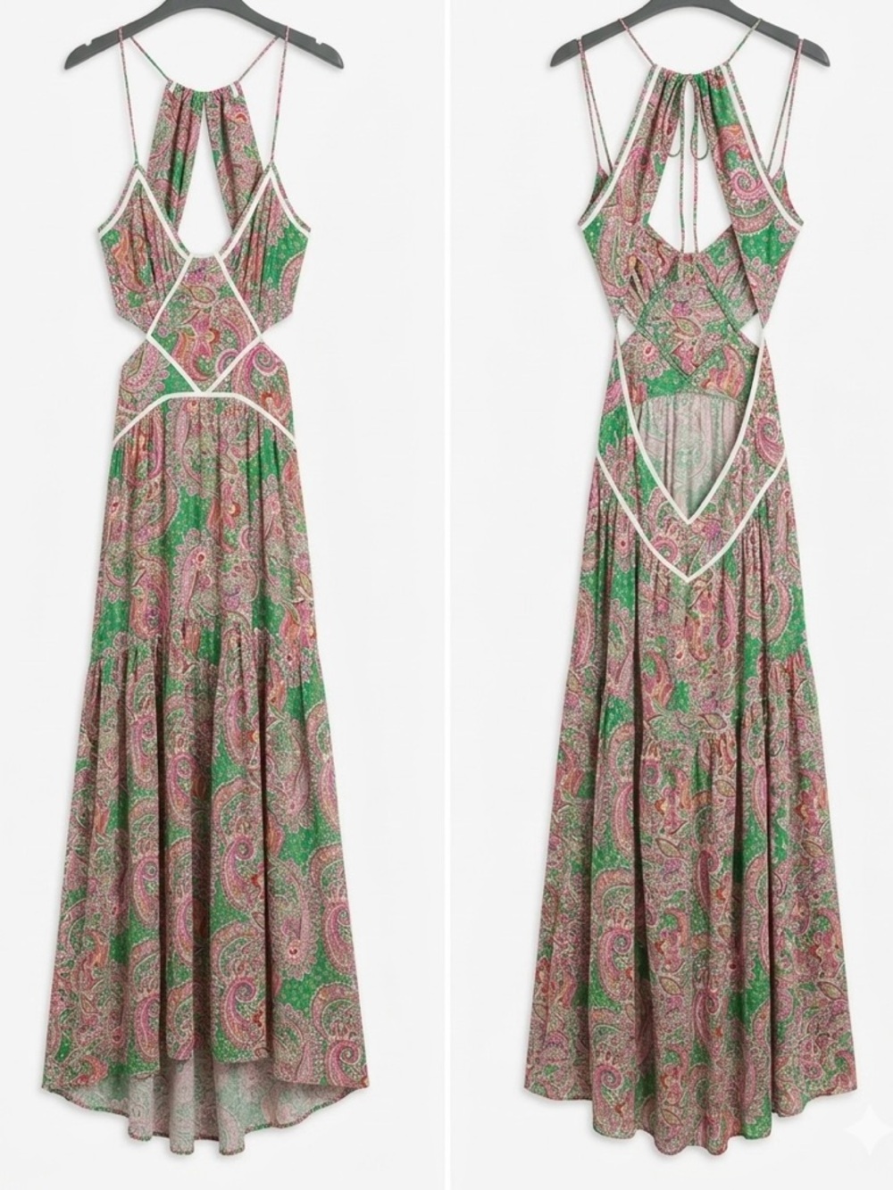 Paisley Cut Out Tie-Back Maxi Dress - Pink & Green
